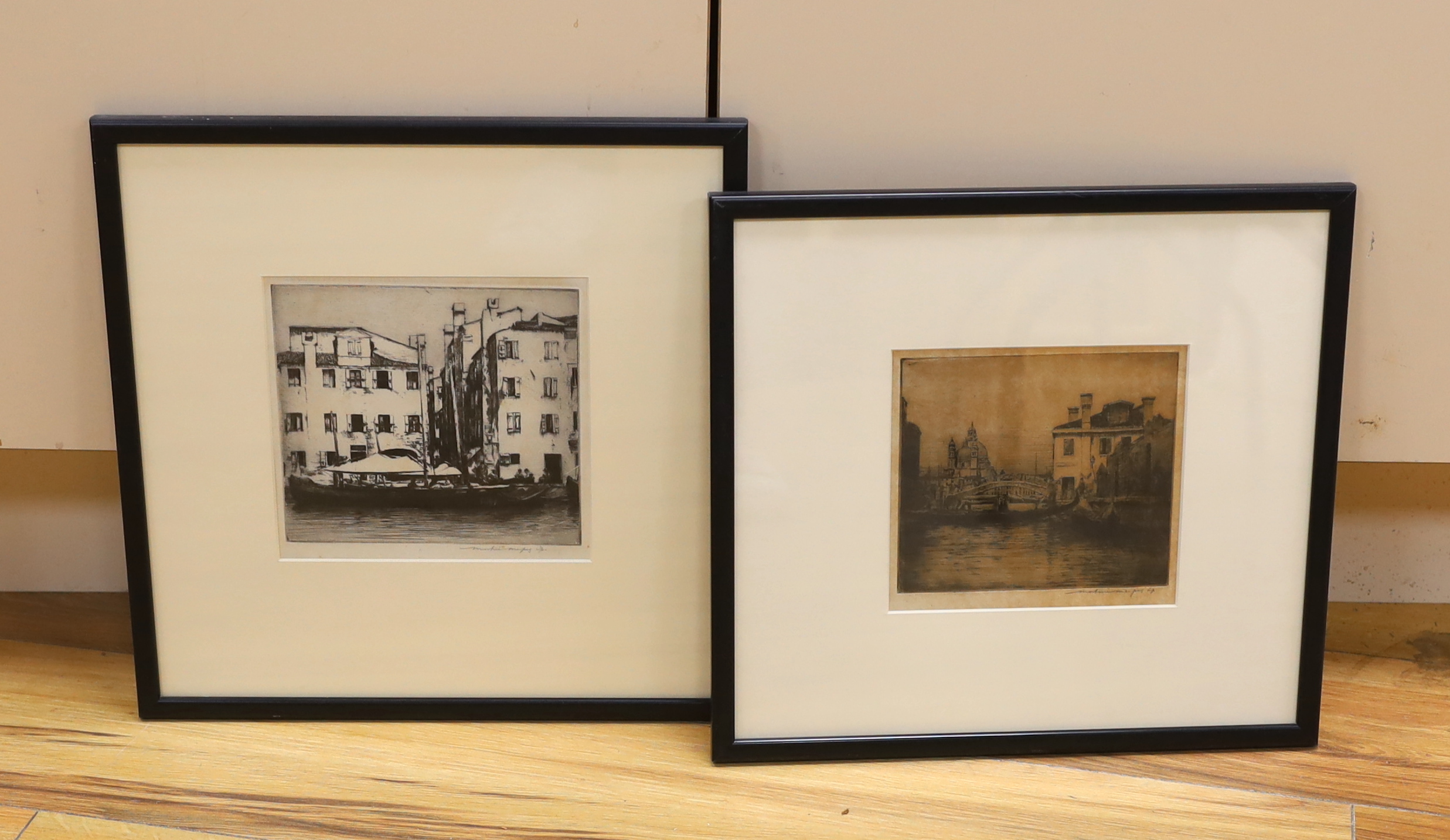 Mortimer Menpes R.E. (Australian, 1855-1938), two pencil signed etchings comprising ‘Rio Chiesa Degli Ognissanti’ and ‘Facades, Venice’, one with Abbott & Holder label verso, largest 16 x 17cm